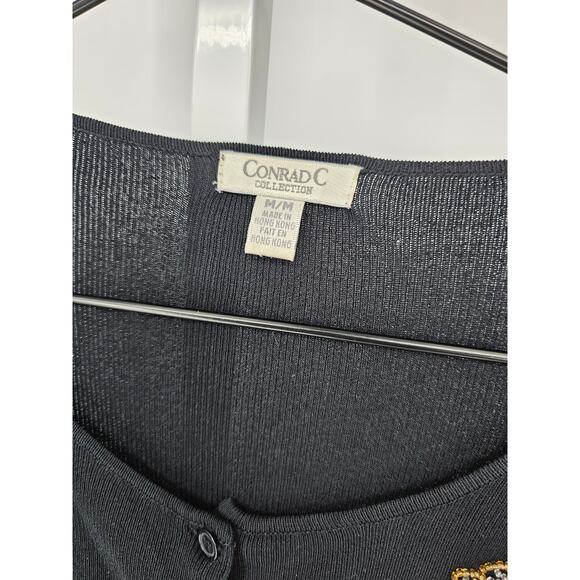 Vintage Conrad C Womens Sz M Lightweight Cardigan Sweater Beaded Floral Black - Picture 3 of 4